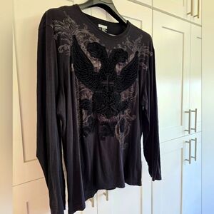 Awesome Black Long Sleeve Shirt with Velvet Eagle Design XXL